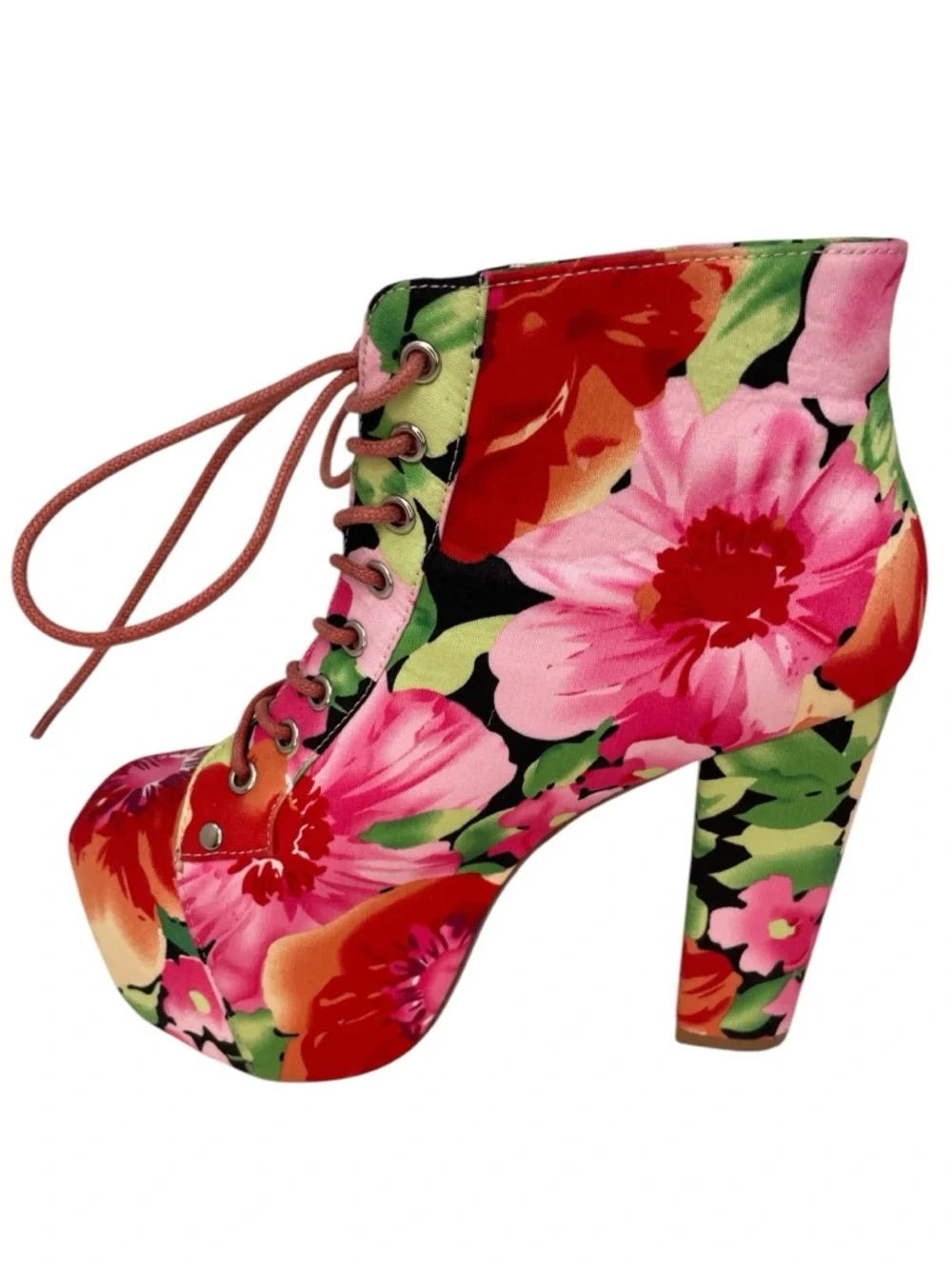 Jeffery Campbell Lita Fab Ankle Boots Floral Lace Up Platform Booties Pink Red 6